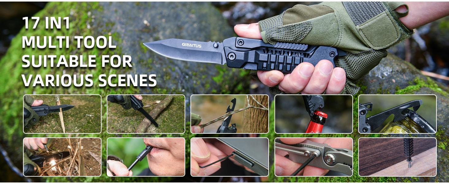 Multitool Knife 17 in 1 With Fire Starting Sticks, Bottle Opener, Saw, Screwdrivers, Whistle, Window Breaker and More-Perfect for Camping, Outdoor, Survival and Everyday Use, Gifts for Men Dad