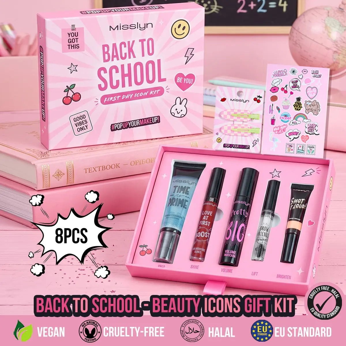 Misslyn 8pcs Back to School Makeup Gift Set, Aesthetic School Makeup Essentials Kit, Includes Mascara, Primer, Lip Gloss