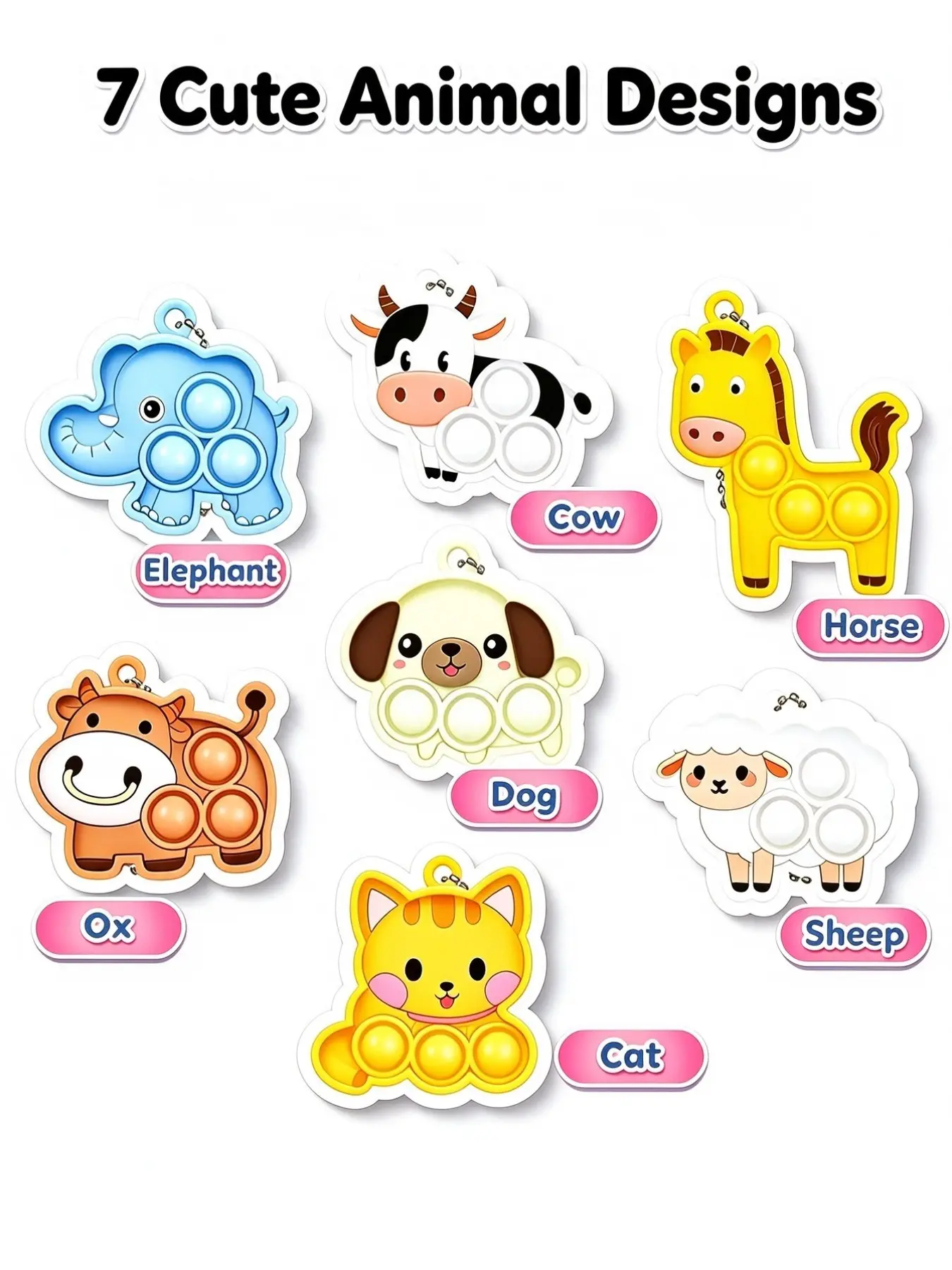 7 Pcs Animal Fidget Pop Keychains, Kids Party Favors Bulk Mini Pop It Sensory Toys, Stress Relief Toys, Goodie Bag Stuffers, Classroom Prizes, Birthday Gifts for Boys and Girls