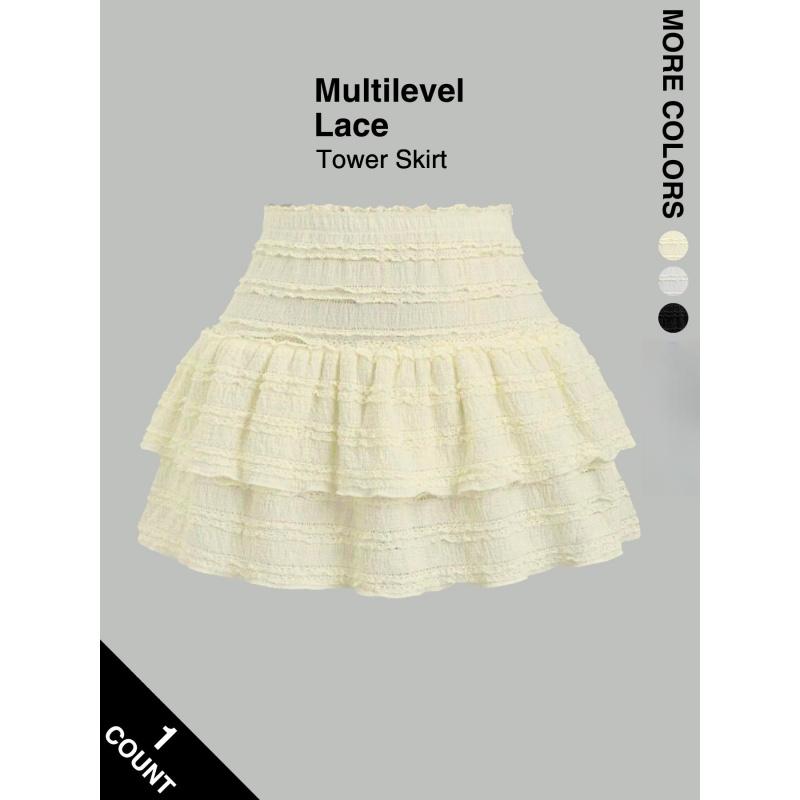 Women's High Waist Ruffled Pleated Mini Skirt with Lace, Double-Layer Flared Design, Comfortable Soft Fabric, Fashionable Elegant Short Skirt Suitable for Outdoor Leisure Daily Wear