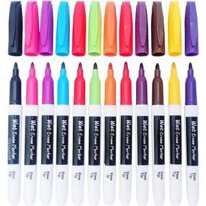 Wet Erase Markers, 12  Colors, Fine Tip 1-2 mm for Overhead Projector, Laminated Calendars, and Transparencies, Smudge-Proof Water-Based Ink,  Low Odor