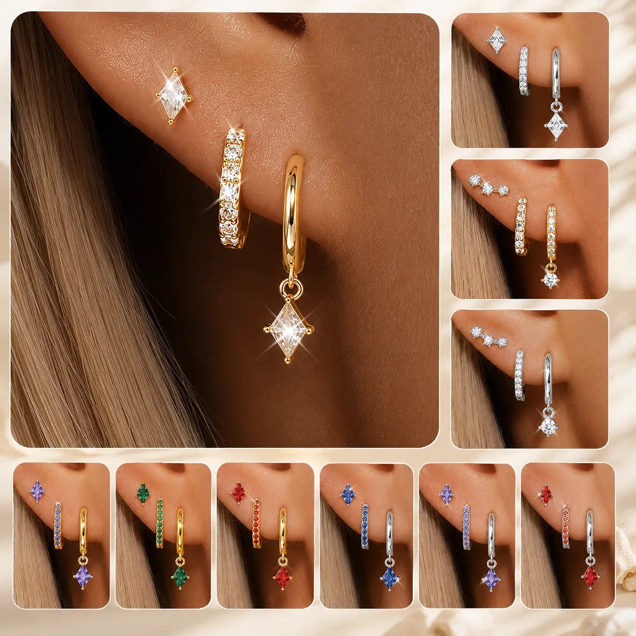 14K Gold Plated Ear Stud Earrings, 3Pcs Shiny Colorful Cubic Zirconia Hoop Earrings Gold/Silver CZ Huggie Hoops Stud Earrings Stackable Trendy Hypoallergenic Dangle Huggie Hoops Earrings