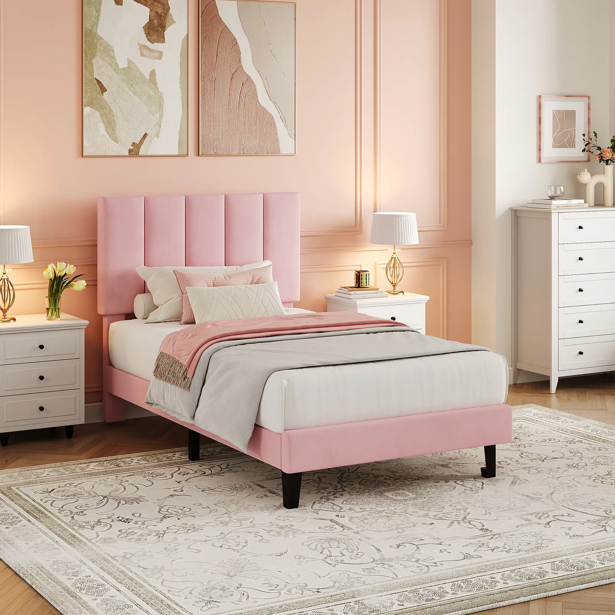 Adjustable Height Vertical Channel Tufted Upholstered Platform Bed Frame, Noise-Free Sturdy Wood Slat Support, Available in Twin Full Queen Sizes,  Bedroom Furniture