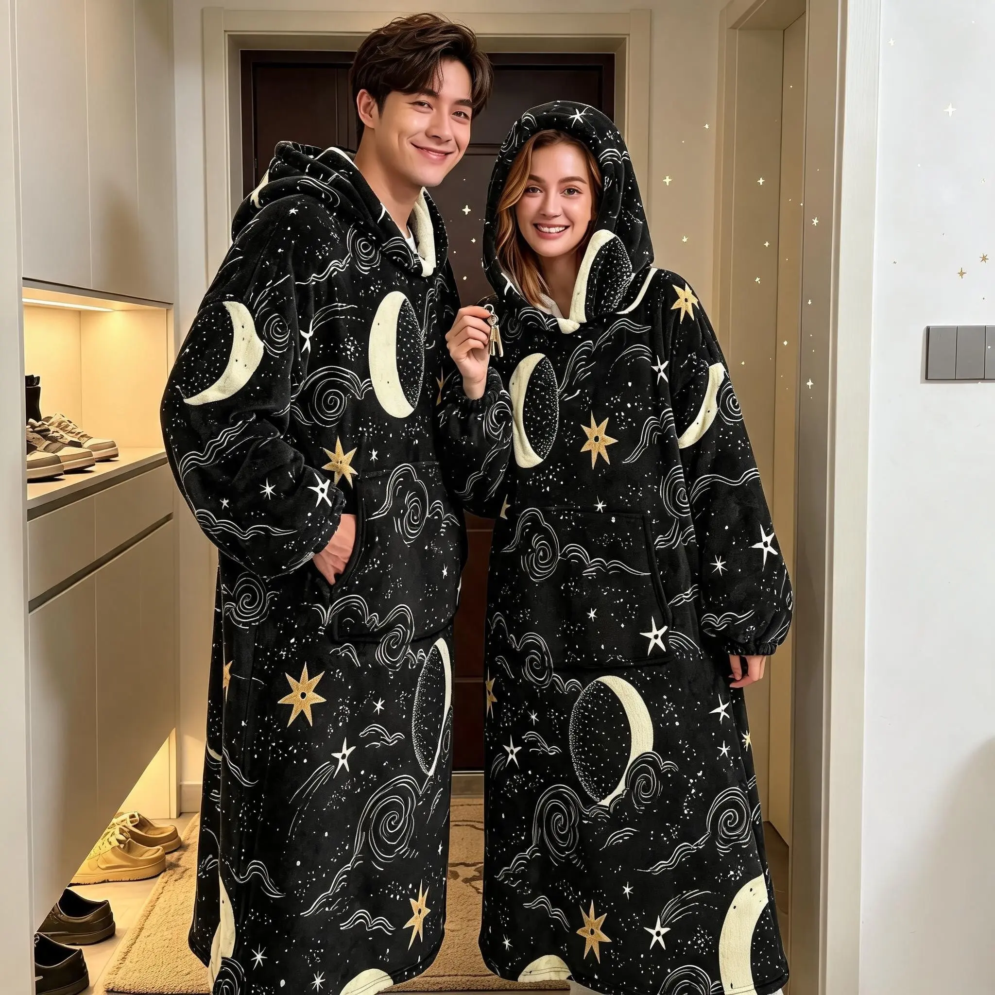 1pc Flannel Hooded Wearable Blanket, Couples' Long Starry Sky Print, Large Pocket, Casual Home Lazy Blanket, Holiday Gift