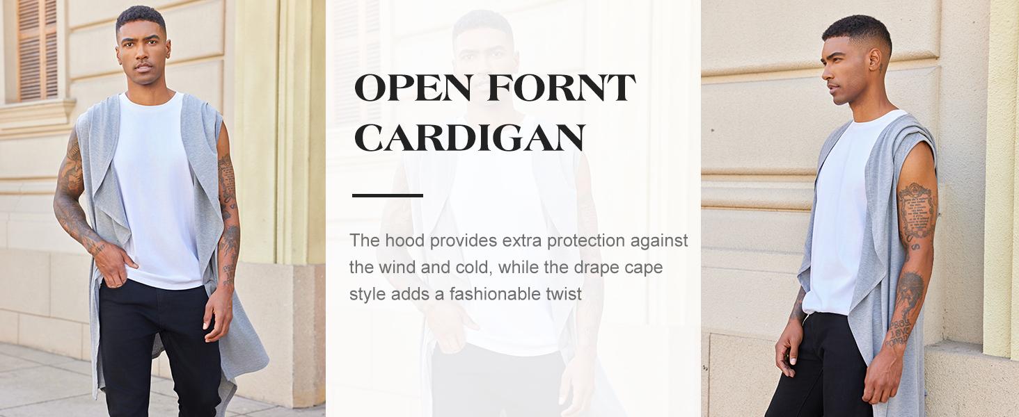 Beotyshow Mens Hooded Cardigan Sleeveless Ruffle Shawl Collar Open Front Knit Drape Robe Knitwear Menswear