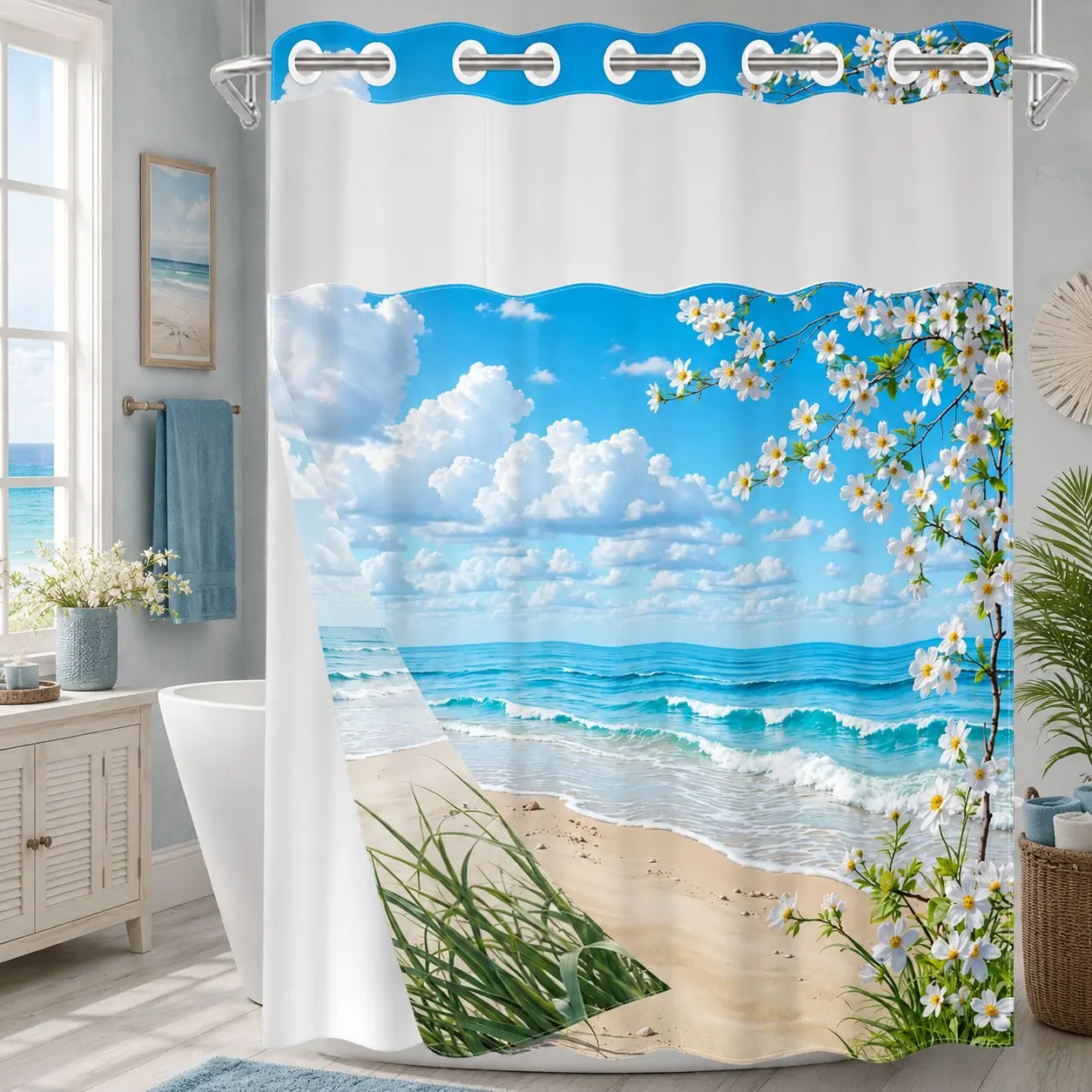 1PC 2D Flat Blue Ocean Beach, White Blossom & Cloud Pattern Double-Layer Woven Shower Curtain, No Hooks, Transparent Top Window, Removable Snap-On Liner, Coastal Summer Bathroom Art Decor, Bathroom & Holiday Decoration