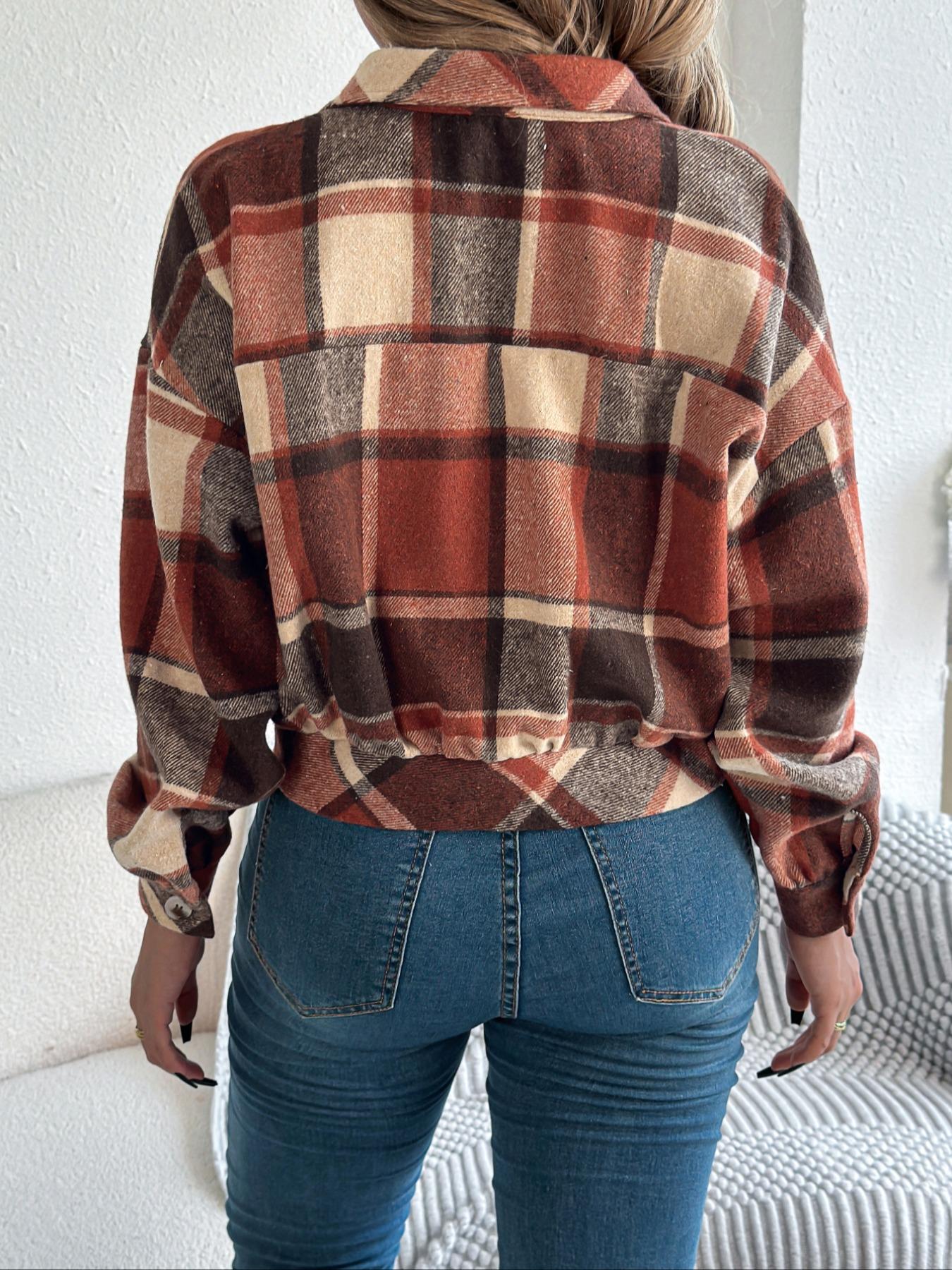 Women's Plaid Print Button Front Drop Shoulder Fashion Fit Jacket, Casual Long Sleeve Collared Autumn Outerwear for Fall & Winter, Ladies Clothes for Daily Wear, Casual Fashionable Jacket