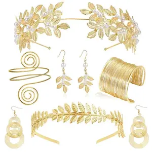 FTCY Vintage Greek Jewelry Set for Women Gold Color Bracelets Earrings Headwear Set Baroque Style Adjustable Women Jewelry Gifts