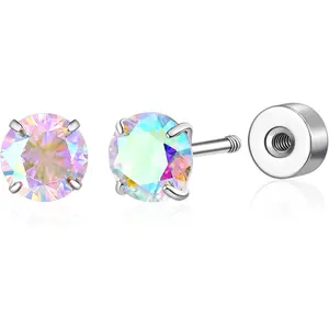G23 Titanium Screw  Earrings 5 mm ASTM F136 Implant Grade Titanium Studs 20G  4 Prong Round Cubic Zirconia Flat  Earrings for  Ears Women Men