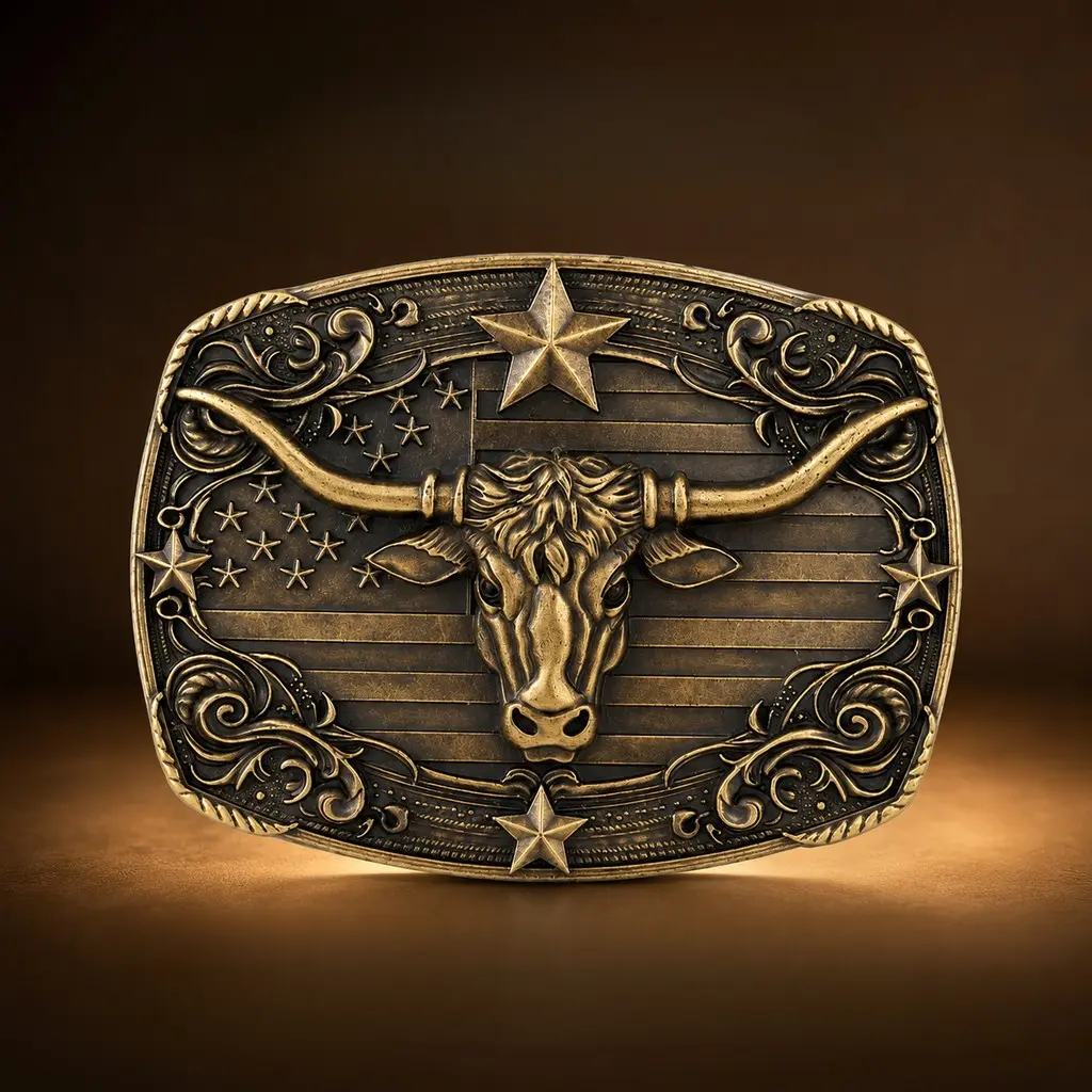 Vintage Western Longhorn Bull Belt Buckle for Men, Antique Bronze Solid Alloy Engraved Star Flag Floral Scroll Embossed Belt Accessory, Rust Resistant Retro Cowboy Buckle Fits Standard Leather Belts, Country Fashion Gift for Cowboy Ranch Lovers Daily Part