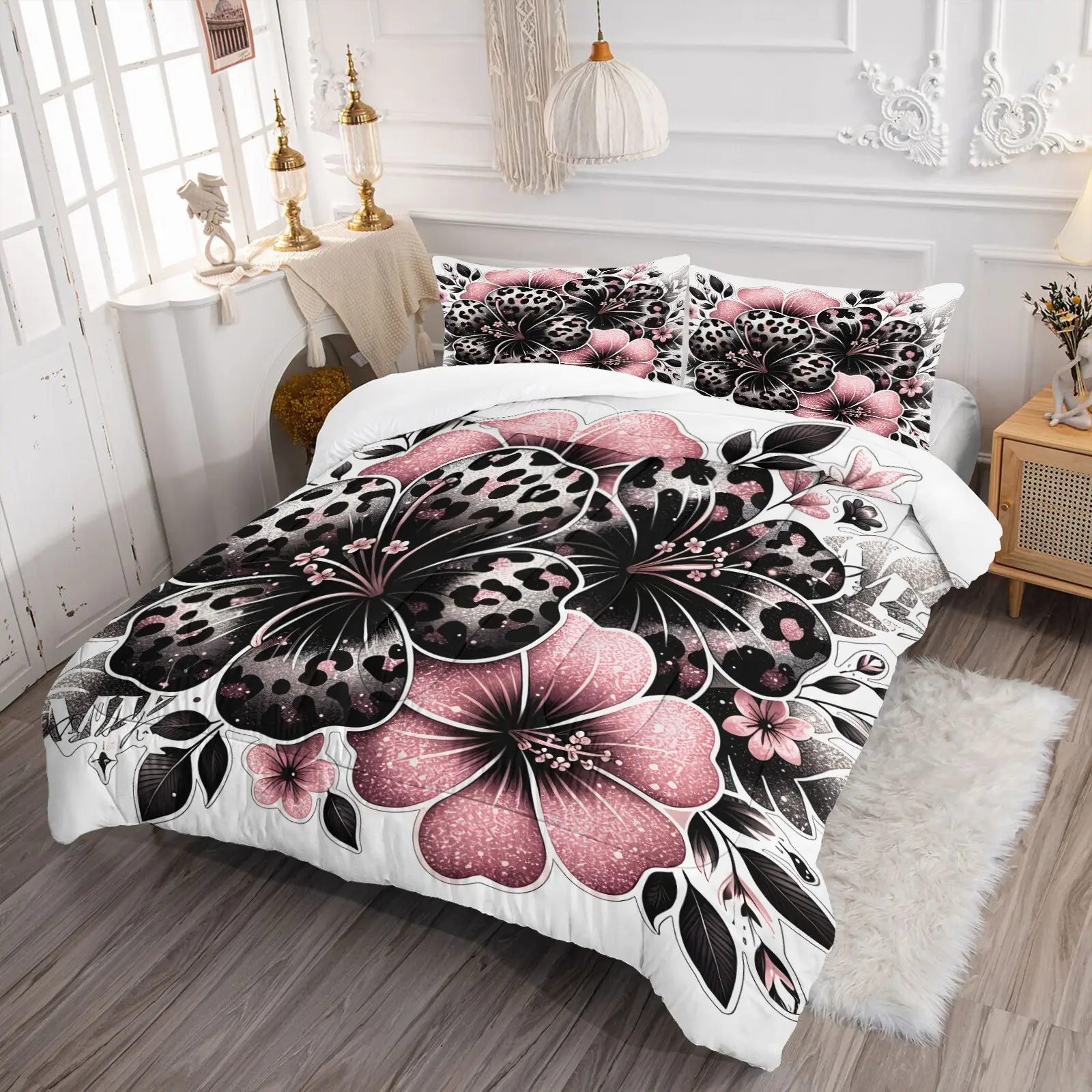 Pink Black Leopard Hibiscus Flower Comforter Set, Quilted Duvet Set, (1 Comforter + 1-2 Coreless Pillowcases), Soft Durable Breathable Washable, HD Digital Print Glitter Leopard Floral Pattern, Tropical Bedding for Teen Girls Bedroom Dorm Decor