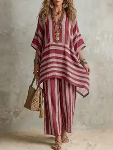Women's Fashion Print Striped Set, Perfect for Travel and Vacation, Stylish for Ladies, Trendy Clothing for Holidays