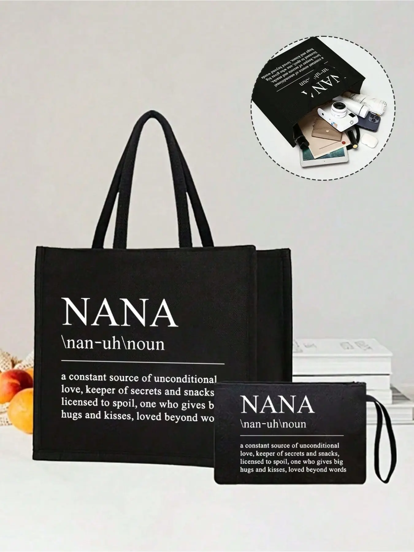 Christmas Heartfelt Nana Print Canvas Tote Bag Set, Large Capacity Shopping Bag, Portable Storage Pouch, Festive Gift for Grandma
