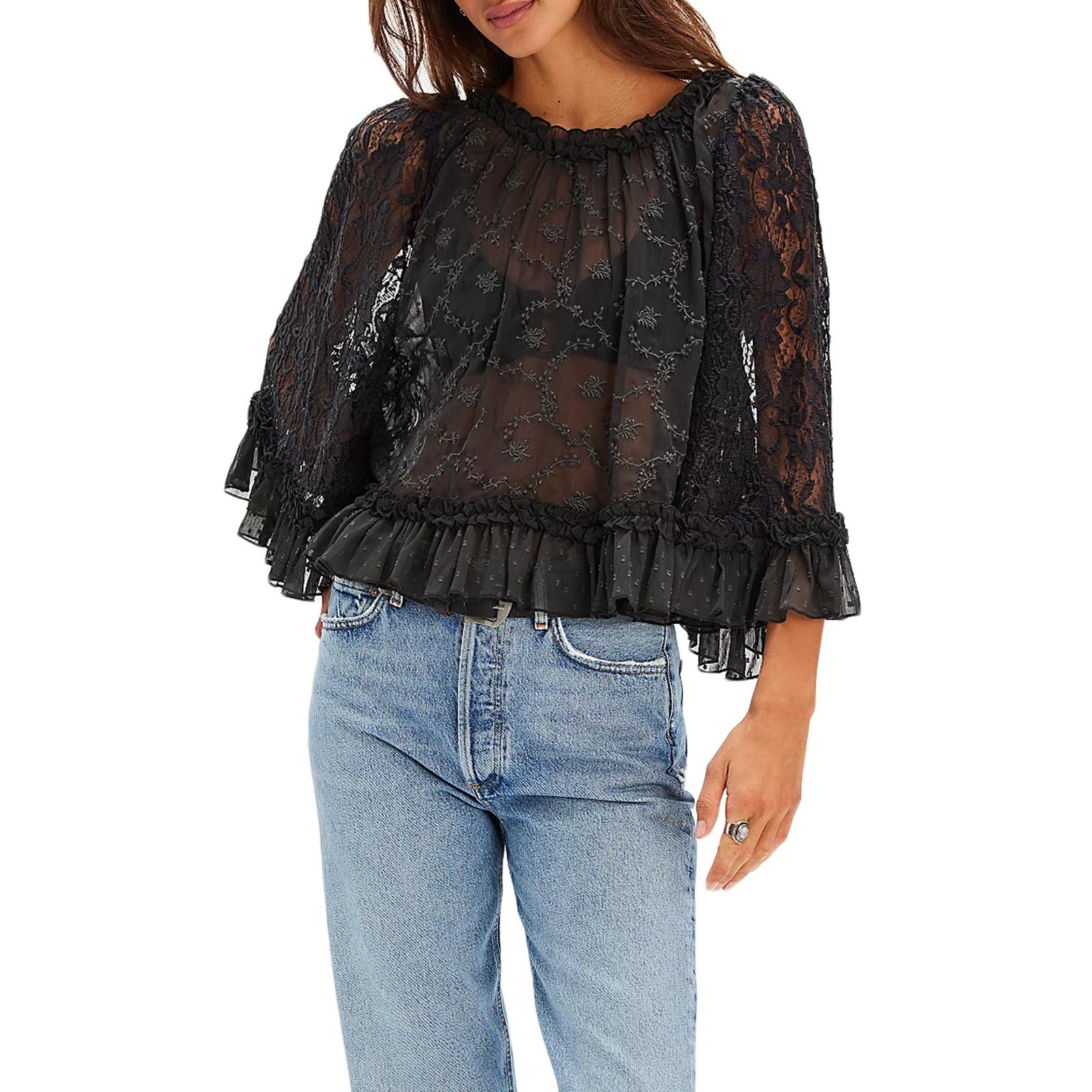 Women's Summer Trendy Lace T-Shirt Long Flared Sleeve Round Neck Sheer Party Tops