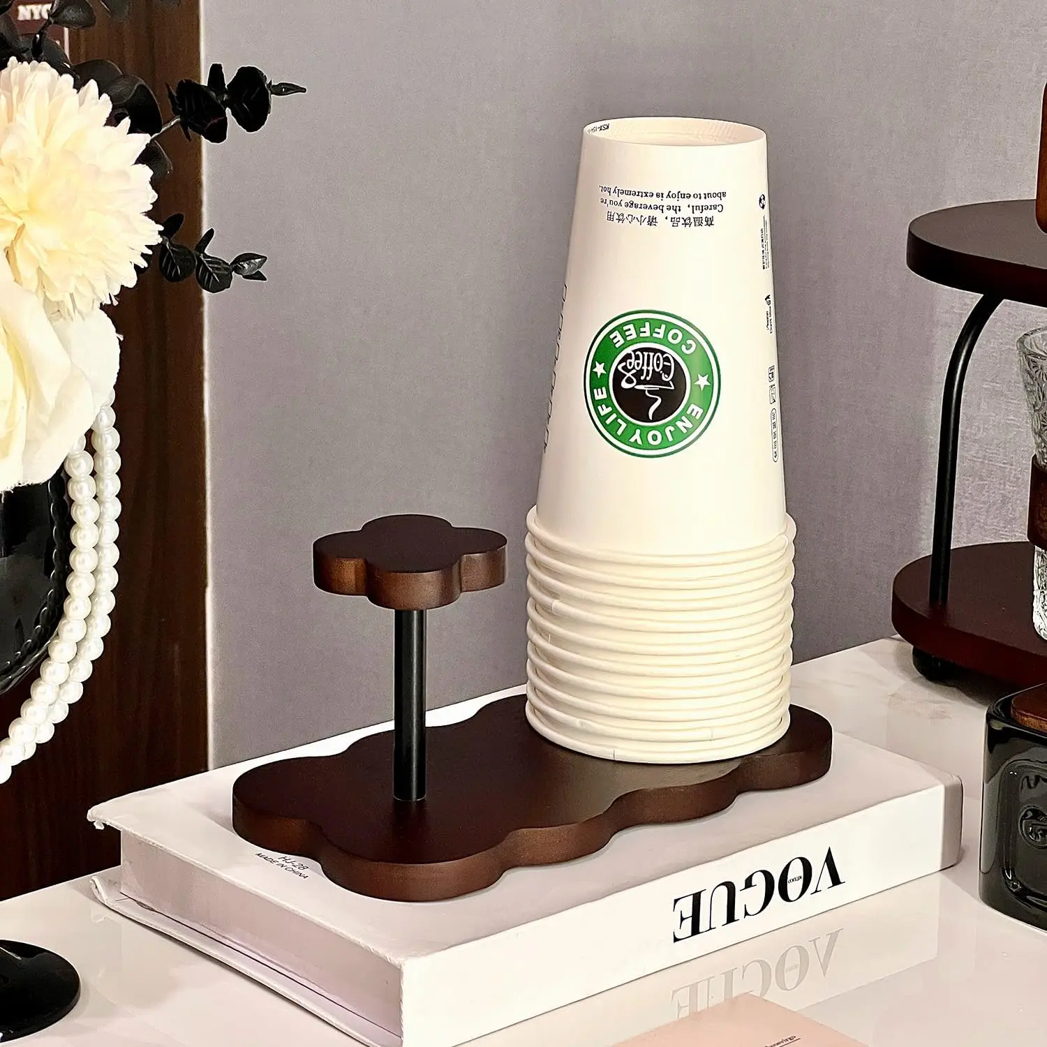 Wood Disposable Cup Dispenser for Countertop| Stylish Bathroom Cup Holder - Perfect for Plastic Mouthwash Cup Storage Organizer,Coffee Paper Cups and Kitchen,Take Out Cup Carriers for Party