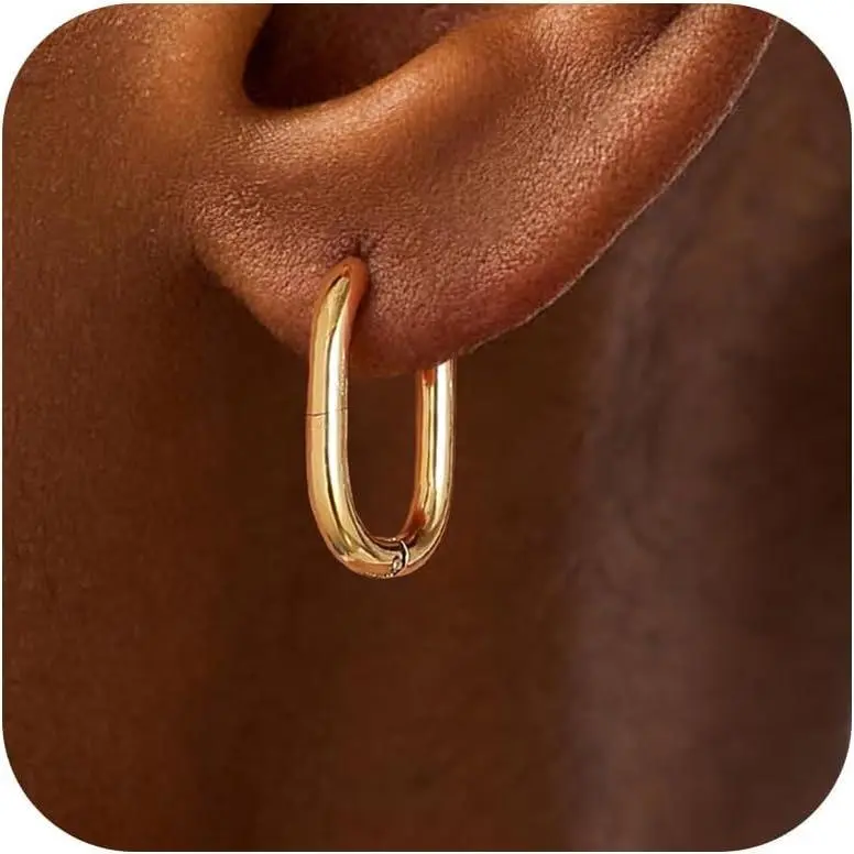 Gold Paperclip Earrings for Women 18K Gold Plated Oval Hoops Earring Rectangle Earrings Square Hoops U Shape Link Hoops Earrings Chunky Hoop Earrings