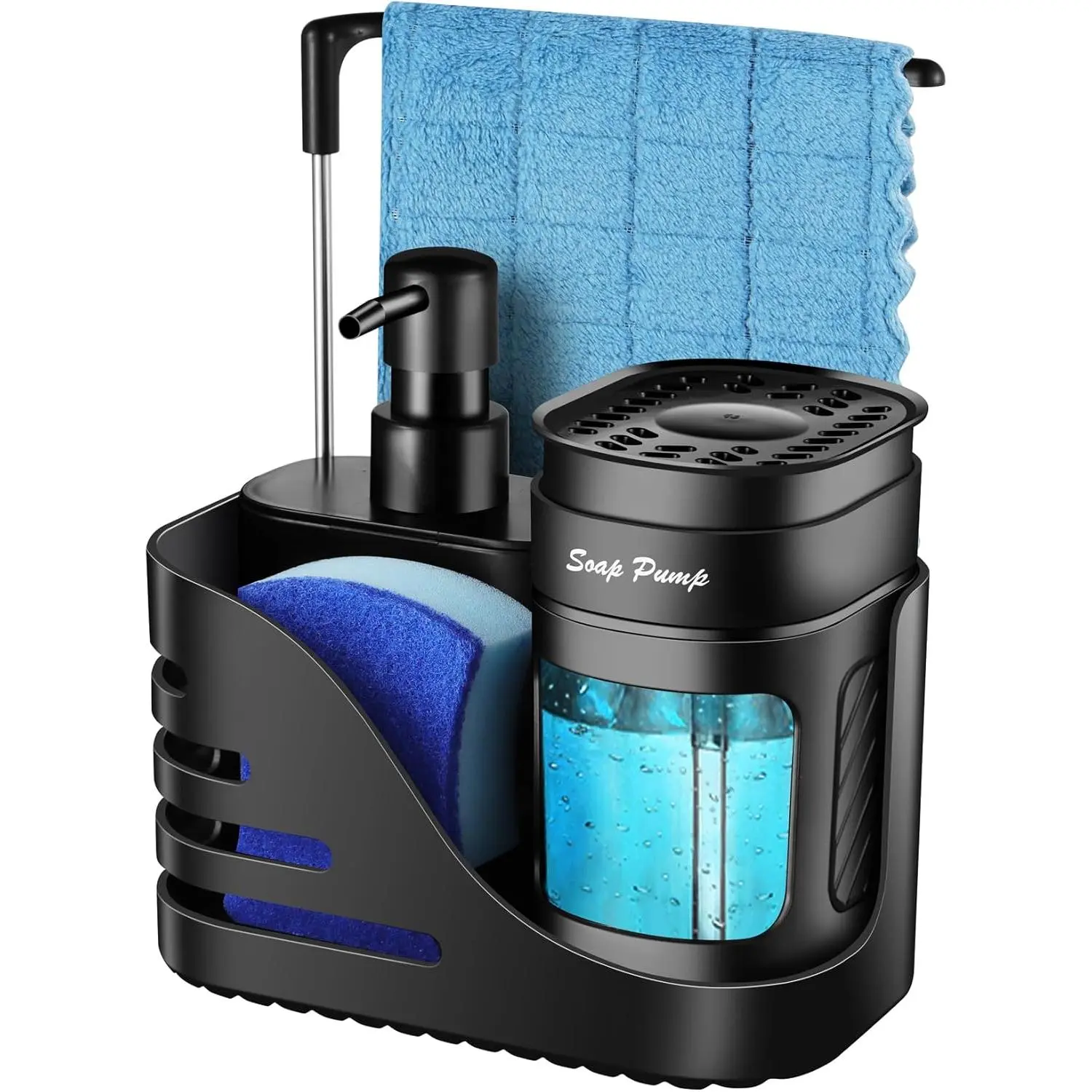 Soap Dispenser Set,  Dual Hand and Dish Soap Dispenser with Sponge Holder and Dishcloth Holder for Sink (Black)