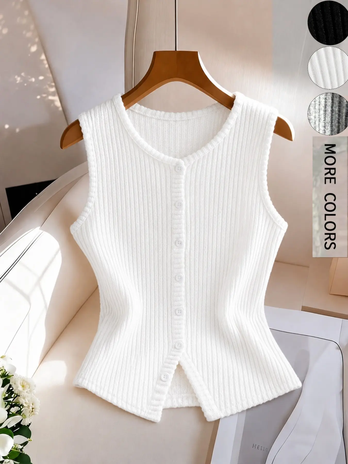 Women's Sleeveless Knit Plain Vest, Round Neck Single Button Fitted Waist, Slimming Layered Knit Cardigan, Multi-Color Basic Top, Sleeveless Knitted Vests