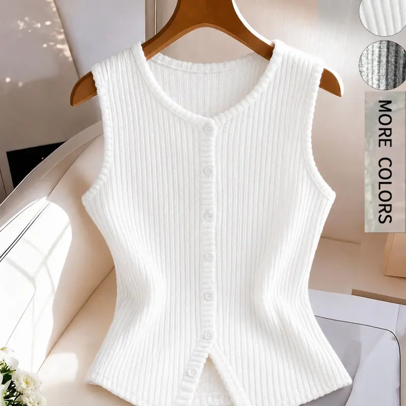 Women's Round Neck Button-Front Basic Casual Vest, Sleeveless Design, Made Of Breathable, Soft And Lightweight Knit Fabric, Suitable For Various Occasions Such As Everyday Wear, Brunch, And Outings, Fashion Sleeveless Vest