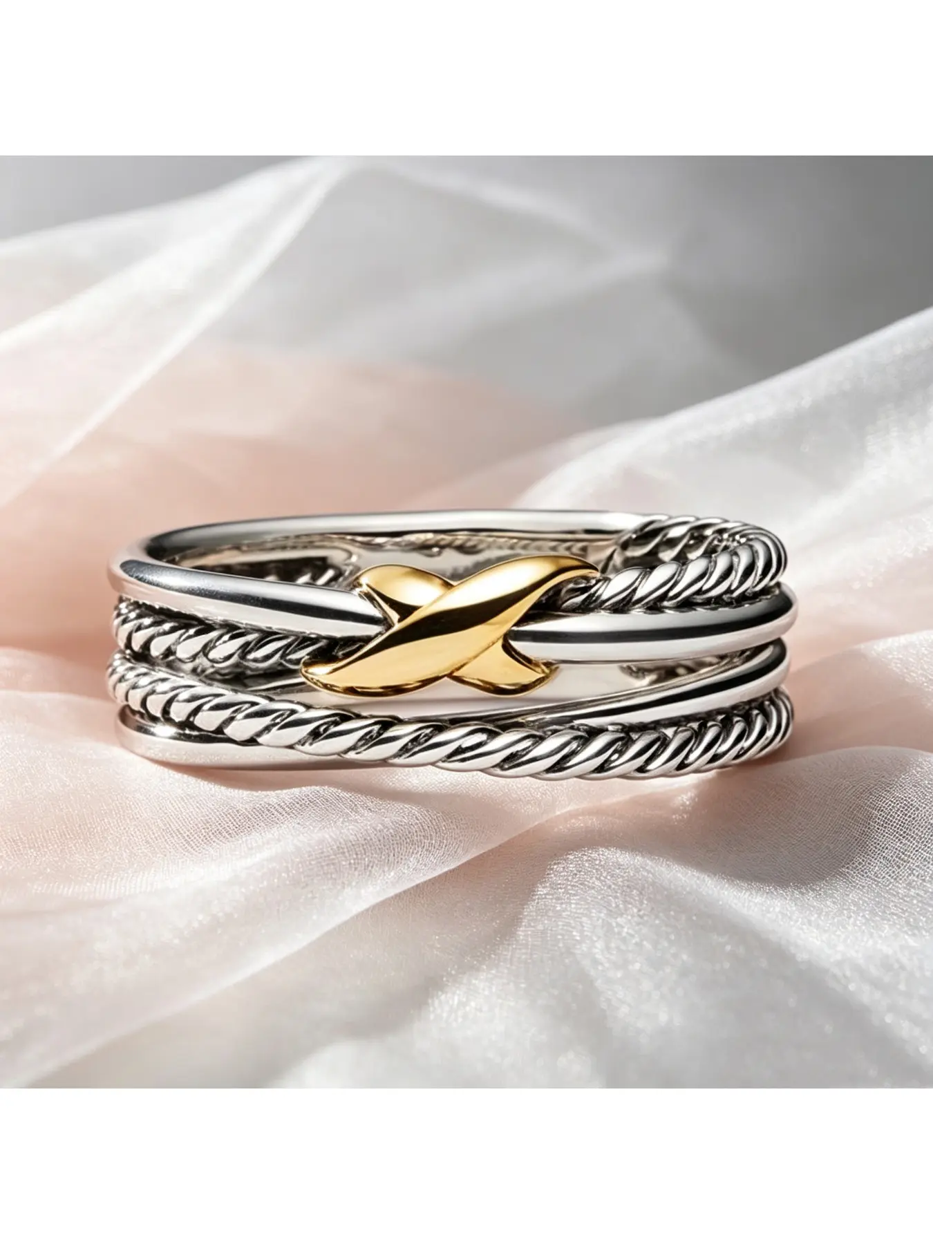 Two-tone Twisted Cable Crossover Mixed Metal Wide Band Retro Luxury Statement Ring, Textured Promise Ring, Classy Anniversary Ring, Textured Dainty Jewelry for Thanksgiving Dinners, Christmas Daily Wear & Gift Occasions