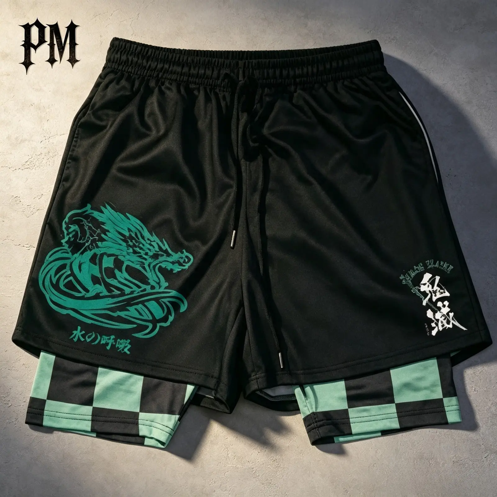 Anime Inspired Warrior Graphic 2-in-1 Sports Shorts, Men's Japanese Manga Style Double Layer Shorts, 80s 90s Retro Summer Jorts Outfit, Comfortable Casual Streetwear Graphic Shorts, Lightweight Athletic Shorts for Gym Running Training Vacation