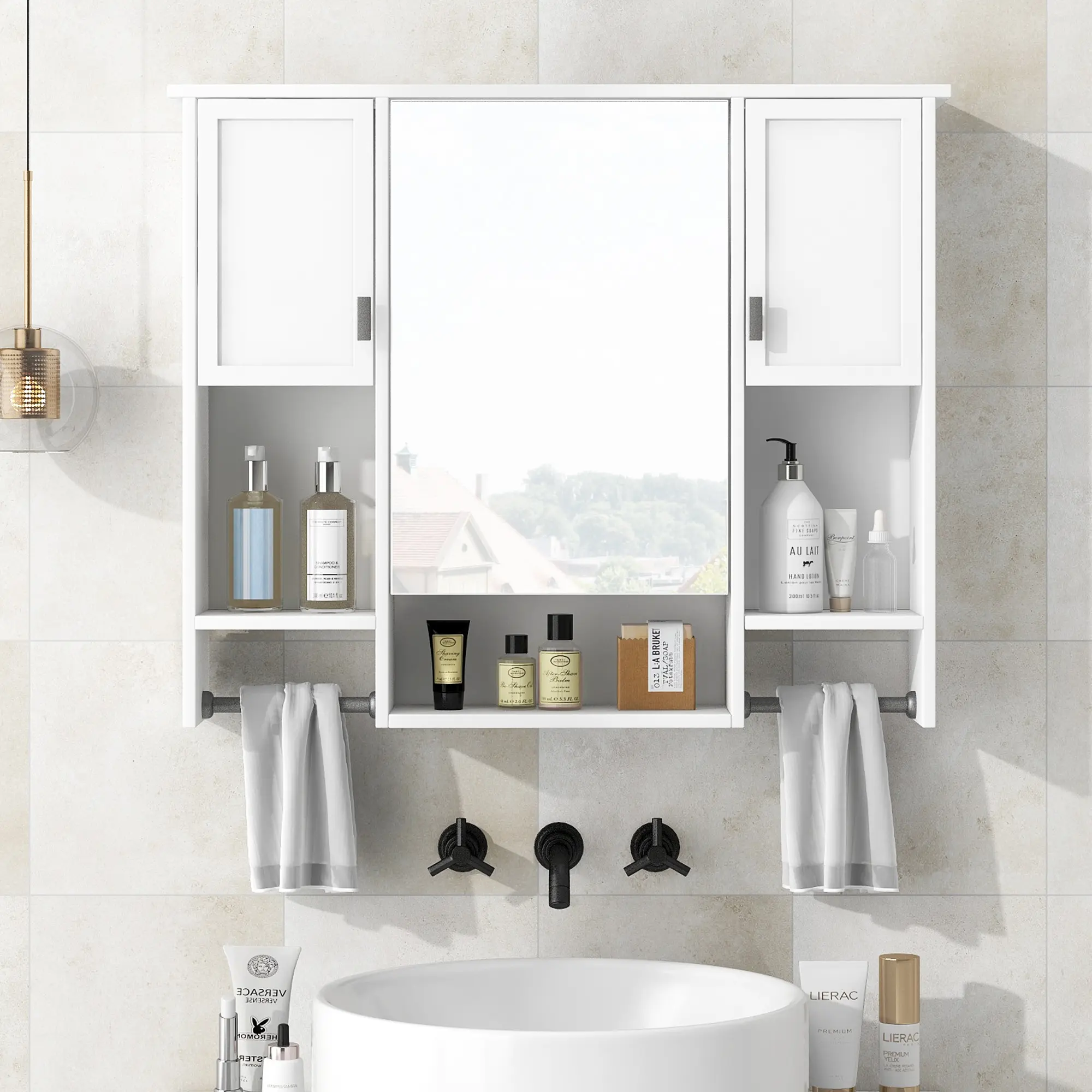 35 x 28 In Wall Hanging Modern Single Door with Mirror Bathroom Medicine Cabinet - Built-in Towel Bar, Integrated Mirror, Storage Shelves, White Finish, Space-Saving Over-The-Toilet/Vanity Indoor Furniture