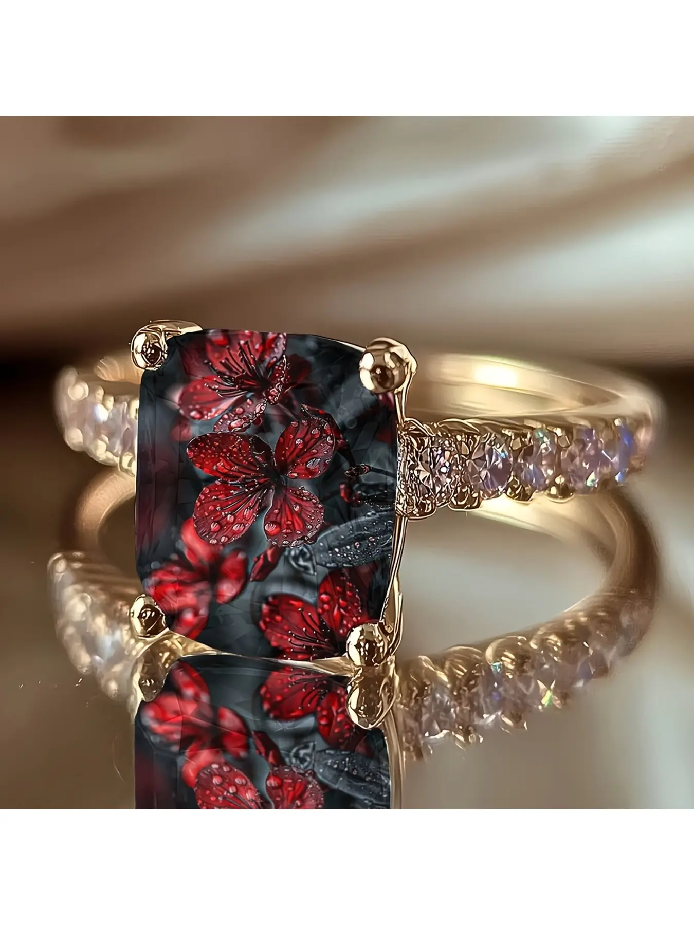 Women's Vintage Square Ring with Black Base & Red Cherry Blossoms, Dewdrop & Red Flower Pattern Accessory, Aesthetic Daily Wear & Gifting Decorative Jewelry