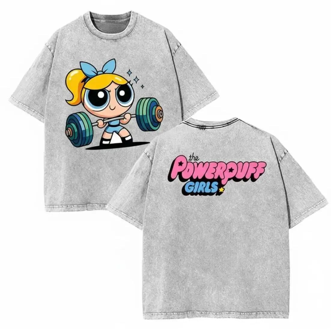 Burbuja Bubbles Powerpuff Girls Gym T-Shirt Vintage Washed Cotton Graphic Tee for Women Men Full Size Casual Crewneck