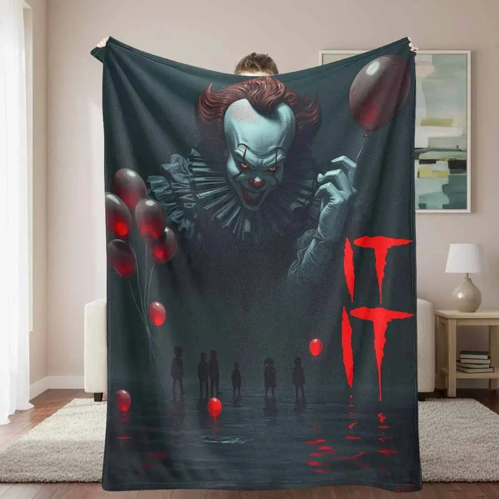 Pennywise Cartoon Character Flannel Throw Blanket for Kids, Wrinkle-Resistant, Anti-Pilling, Bold Graphic Creepy Clown Balloons, Halloween Aesthetic Bedding Accessory, Horror Movie Fan Gift