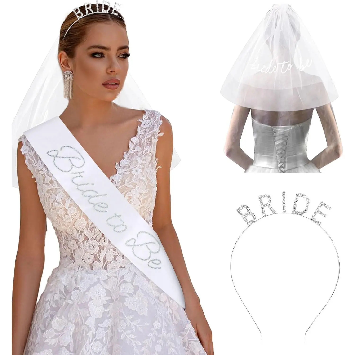 3 count Bachelorette Party Favors, Bridal Shower Decorations with Bride Sash, Wedding Veil & Bride Headband, Bridal Accessories  for Celebrations and Wedding Events