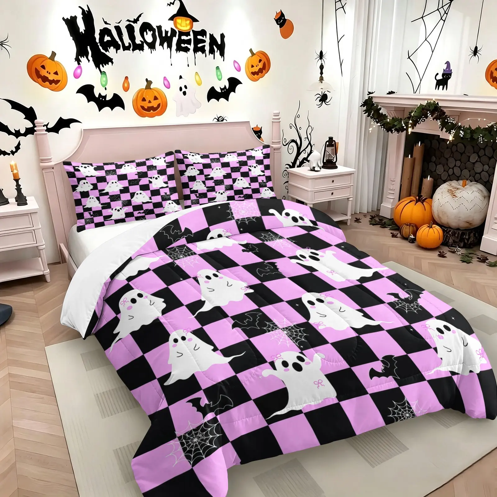 2/3Pcs Pink Checkered Cute Ghost Halloween Comforter Set, 1 Quilt & 1/2 Pillowcase, Bedding Set, No Pillow Insert, Soft All Season, Ideal for Girls Teens Bedroom, Halloween Decor & Gift