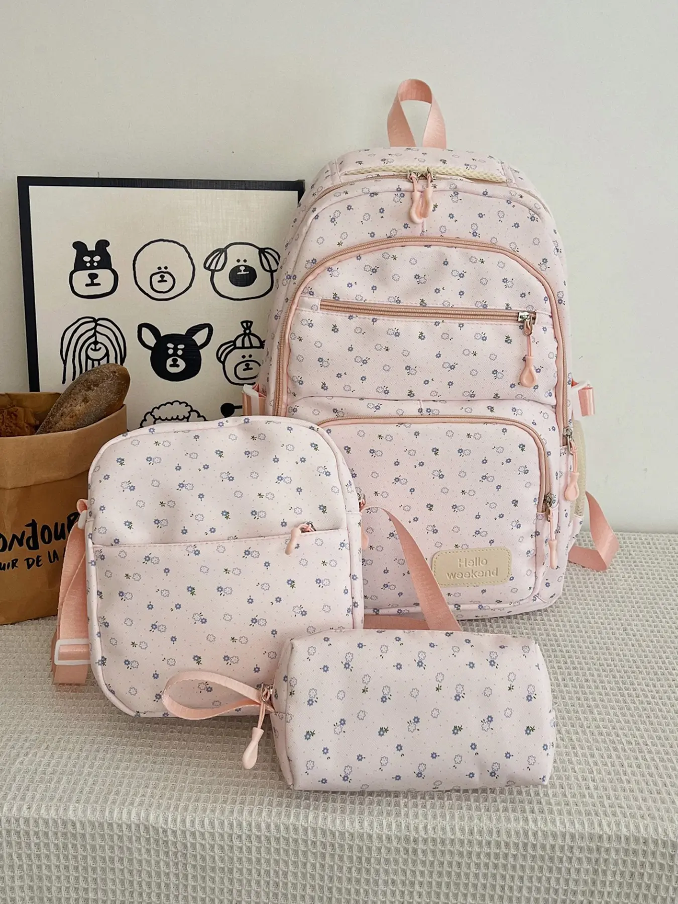 3pcs Light Pink Floral Fabric Girls 3-in-1 Backpack Set, Artsy bag, Multi-layer Front Zipper Pockets For Textbooks Stationery Small Items Side Mesh Pocket For Water Cups Umbrellas Matching Crossbody Bag & Long Pouch Same Floral Pattern Soft Pink