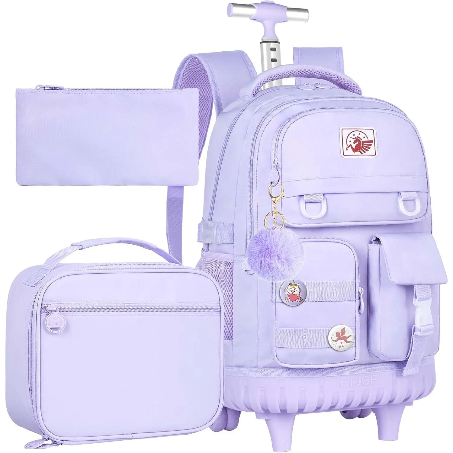Rolling Backpack for Girls Women, 21 inch Roller Wheels School Bookbag, Wheeled Suitcase Backpacks with Lunch Bag for Teen - Purple