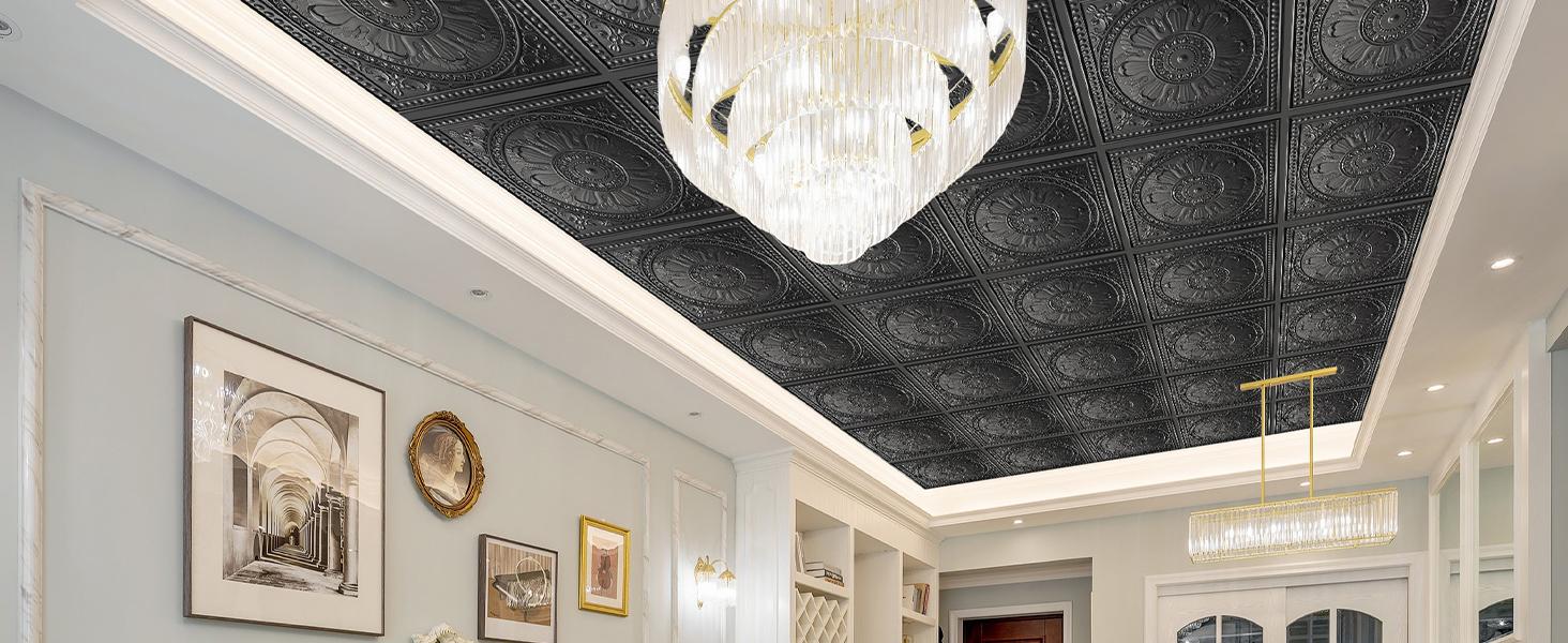 Drop Ceiling Tiles 24"x24", PVC Panels Ceiling Tiles Waterproof Reusable, Covers 48 Sq.Ft., Baroque Decorative Tiles for Home & Use (Pack of 12, Black)
