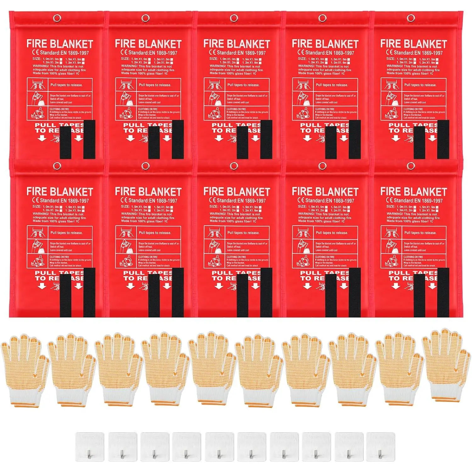 30 Pcs Emergency Fire Blankets for Home and Kitchen 40x40 Inch 10 Fiberglass Fire Suppression Blankets with 10 Fireproof Gloves & 10 Hooks for House Grill Fireplace Camping Car Warehouse Safety