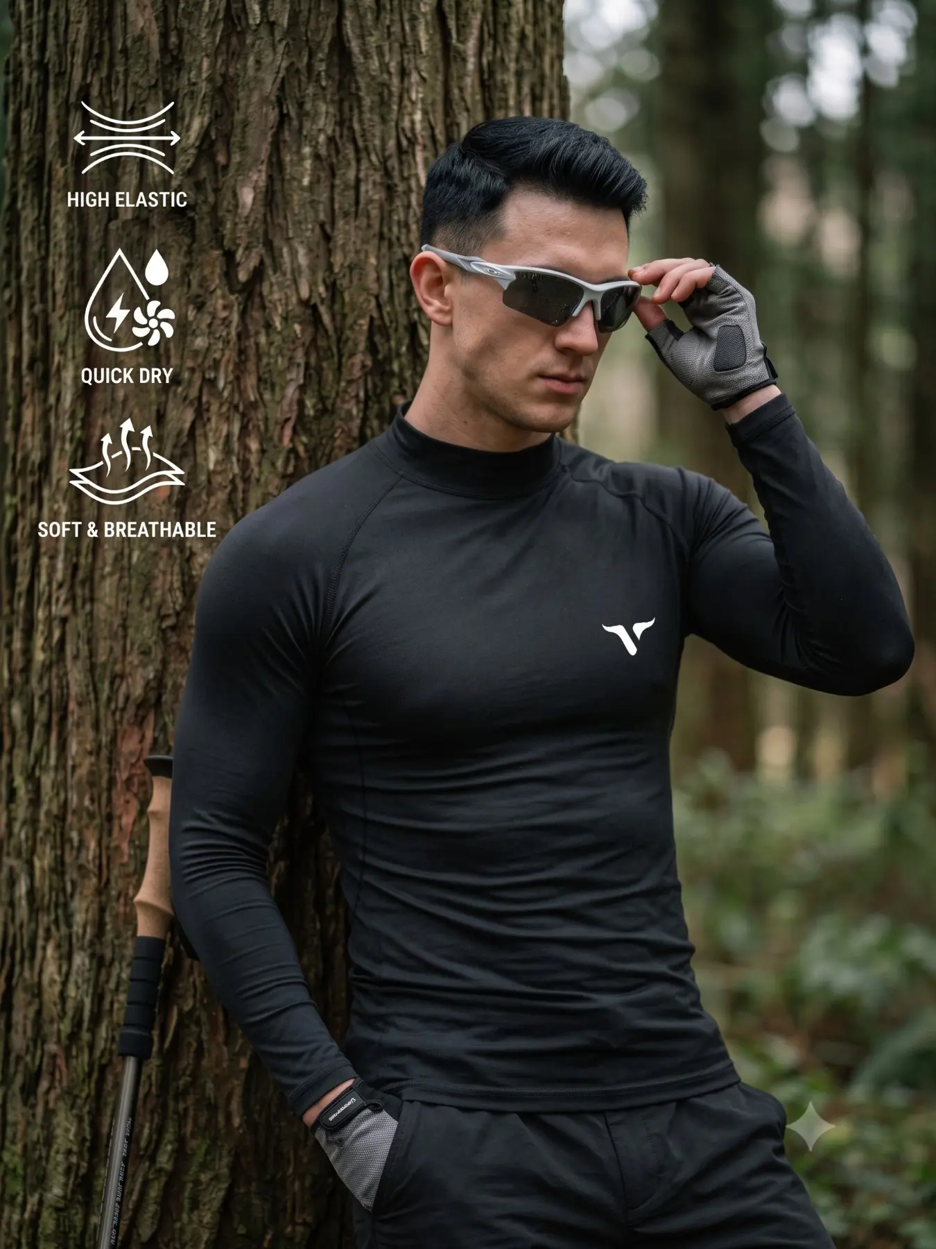 1-Pack Men's Compression Long Sleeve Shirt Black Mock Neck Quick Dry High Elasticity Athletic Base Layer with Bull Head Graphic for Men Cycling Hiking Climbing Bodybuilding Workout Outdoor Hiking Gym Training Workout.