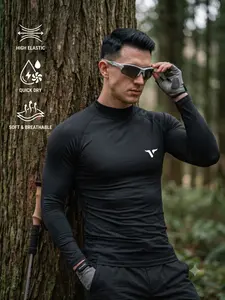1-Pack Men's Compression Long Sleeve Shirt Black Mock Neck Quick Dry High Elasticity Athletic Base Layer with Bull Head Graphic for Men Cycling Hiking Climbing Bodybuilding Workout Outdoor Hiking Gym Training Workout.