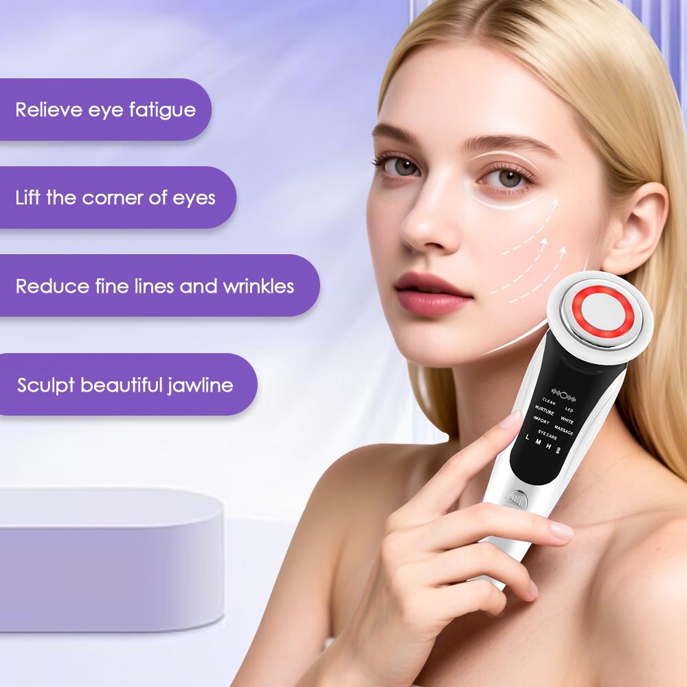 7-in-1 Facial Beauty Device Multi-Color LED Lights Vibration Heating EMS 3 Intensity Levels Portable Facial Beauty Instrument Facial Beauty Machine
