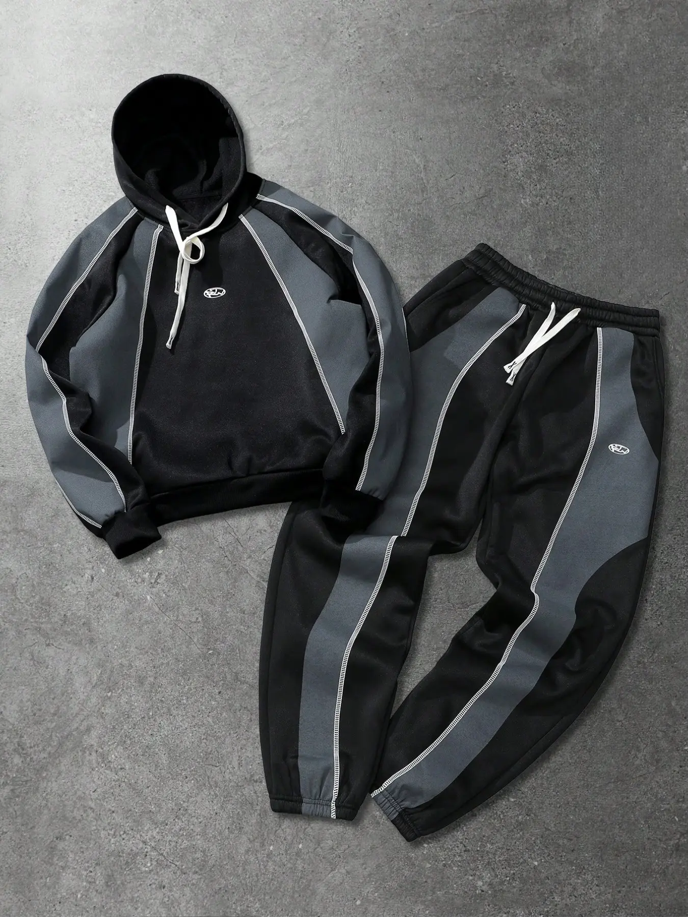 Men's Color Block Stitch Line Hoodie & Jogger Pants 2 Piece Tracksuit, Jogging Set, Y2K Athletic Streetwear Matching Set, Soft Thick Sweatshirt Fabric, Drawstring Hood With Small Logo Embroidered, Contrast Panel With White Stripe Piping