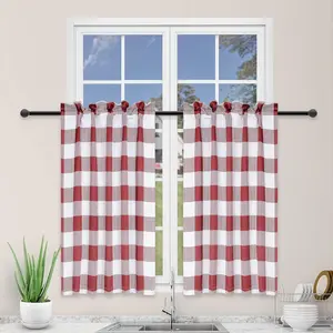 Check Tier Curtains, Gingham Small Blackout Valances Window Treatment for Half Cafe Windows, 26" W x 30" L, White and Red