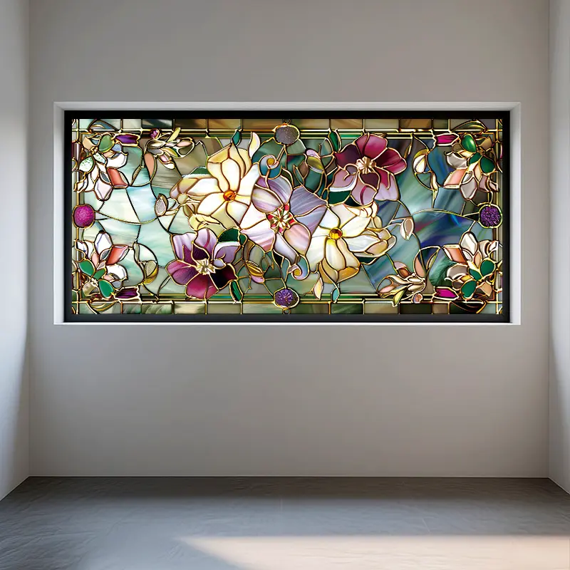 Large-Sized Decorative Film Glass Sticker, Removable PVC Self-Adhesive, Floral Patterns, Flower Design, Easy Install, 17.72x39.37inch, Home Bathroom Door Decor