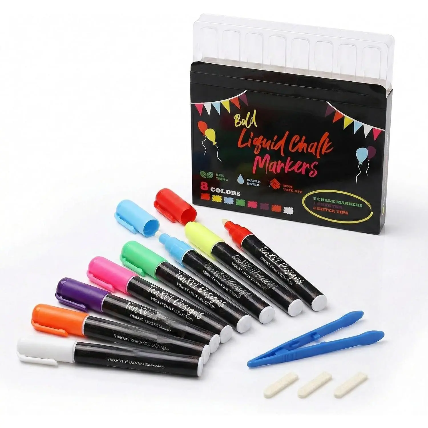 Chalk Markers - 8  Colors, 6mm Reversible Tips, Erasable, , Water Based - For Chalkboard, Glass & Non-Porous Surfaces, Liquid Chalk Board Markers