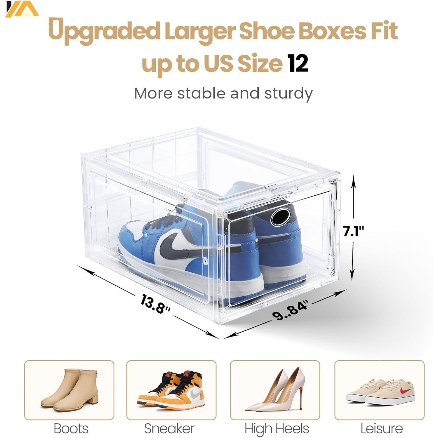 12 Pack Clear Shoe Boxes Stackable,Shoe Storage Boxes for Closet,Sturdy Shoe Box Storage Containers with Clear Door,Sneaker Storage,Easy to Assemble,Fit up to  Size 12(13.8"x 9.84"x 7.1")