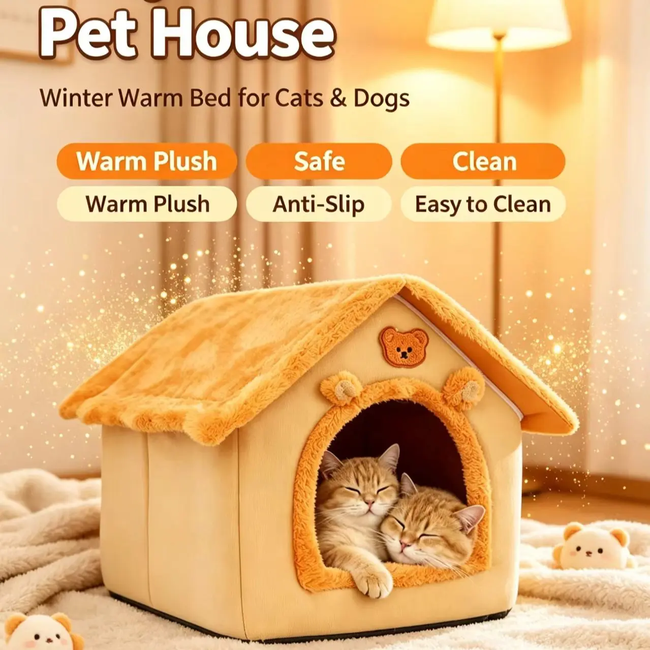 Closed Pet House for Cats and Dogs, Kitten House, Winter Warm All-Season Cozy Cave, Washable Pet Bed, Comfortable Healthy Sleep Home for Pets