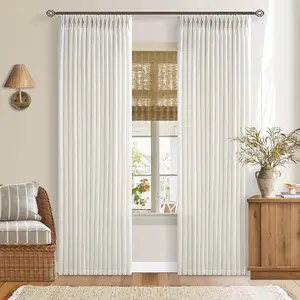 Pinch Pleated 90 Inch Linen Curtains 2 Panels Set Light Filtering Semi Sheer Drapes for Living Room Dining Bedroom Office W50xL90