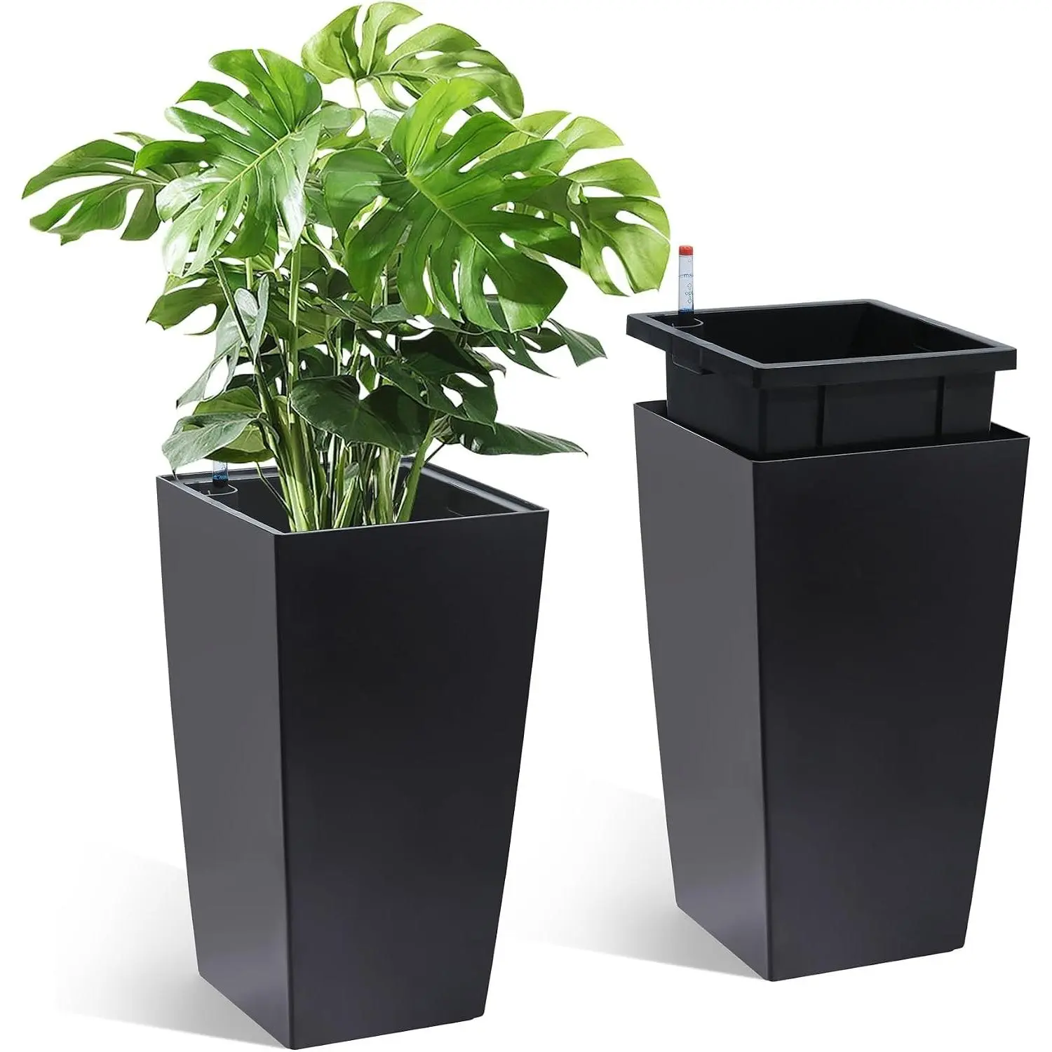 16" Tall Planters Set of 2, Outdoor＆Indoor Planter Pots, Black | High Front Porch Planter Pots with Drainage Holes＆Water Level Monitor＆Inner Bucket