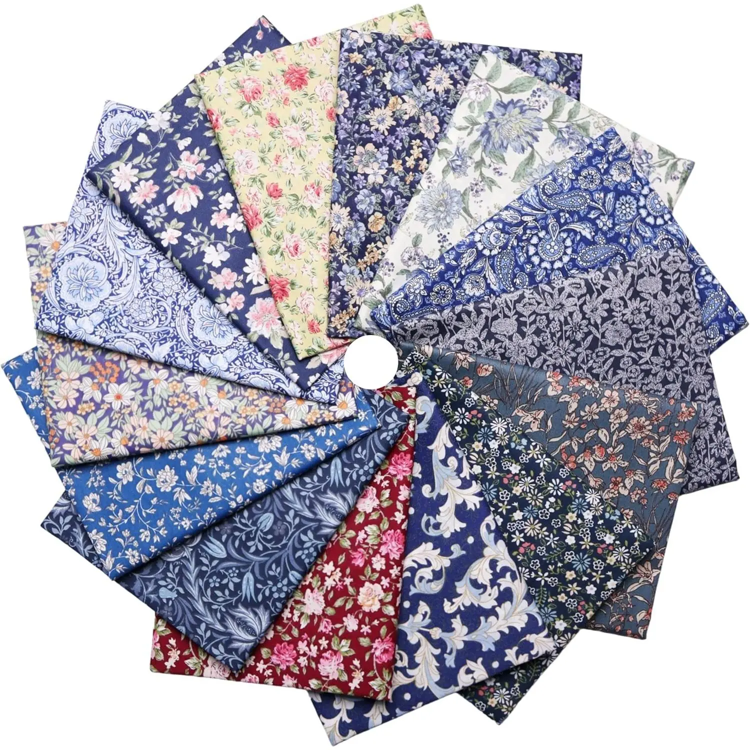 14Pcs Vintage Floral Paisley Print Cotton Fat Quarters Fabric Bundles Precuts 18x22 inch for Quilting, Sewing, Bags, and Crafts, Upholstery Quilt Fabric Squares for Quilting (Dark Blue)
