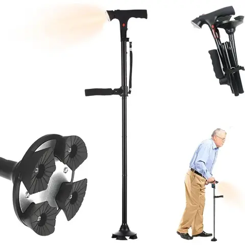 Foldable Smart Cane for Seniors, Adjustable Walking Stick with LED Light, Quad Base, Dual Handle, & Alarm System - Outdoor Mobility Equipment, Led Lights, Mobility Aid, Healthcare