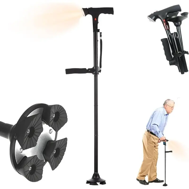 Foldable Adjustable Lightweight Smart Cane for Seniors with 4-Legged Base Double Handle LED Lights Alarm System Outdoor Mobility Aid