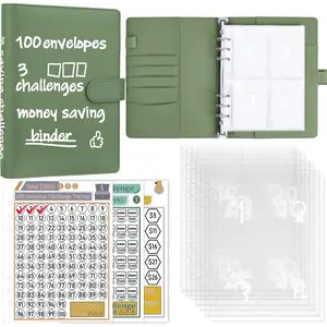 100 Envelopes   Binder, A5 Budget Binder with  Envelopes, Savings Challenges Book to Save $500, $5,050, $10,000 Budget Planner, Olive Green
